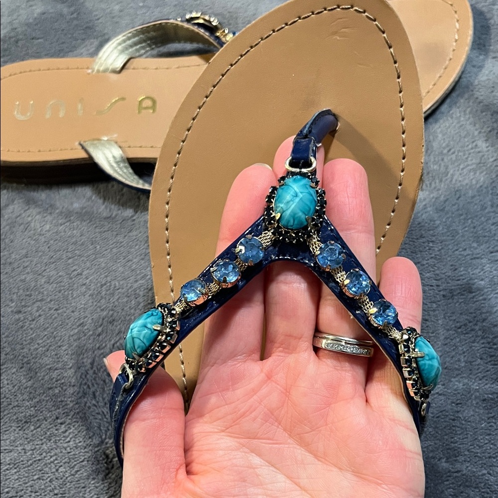 Unisa Navy and Turquoise Jeweled Women's Thong Sandals - Picture 2 of 3